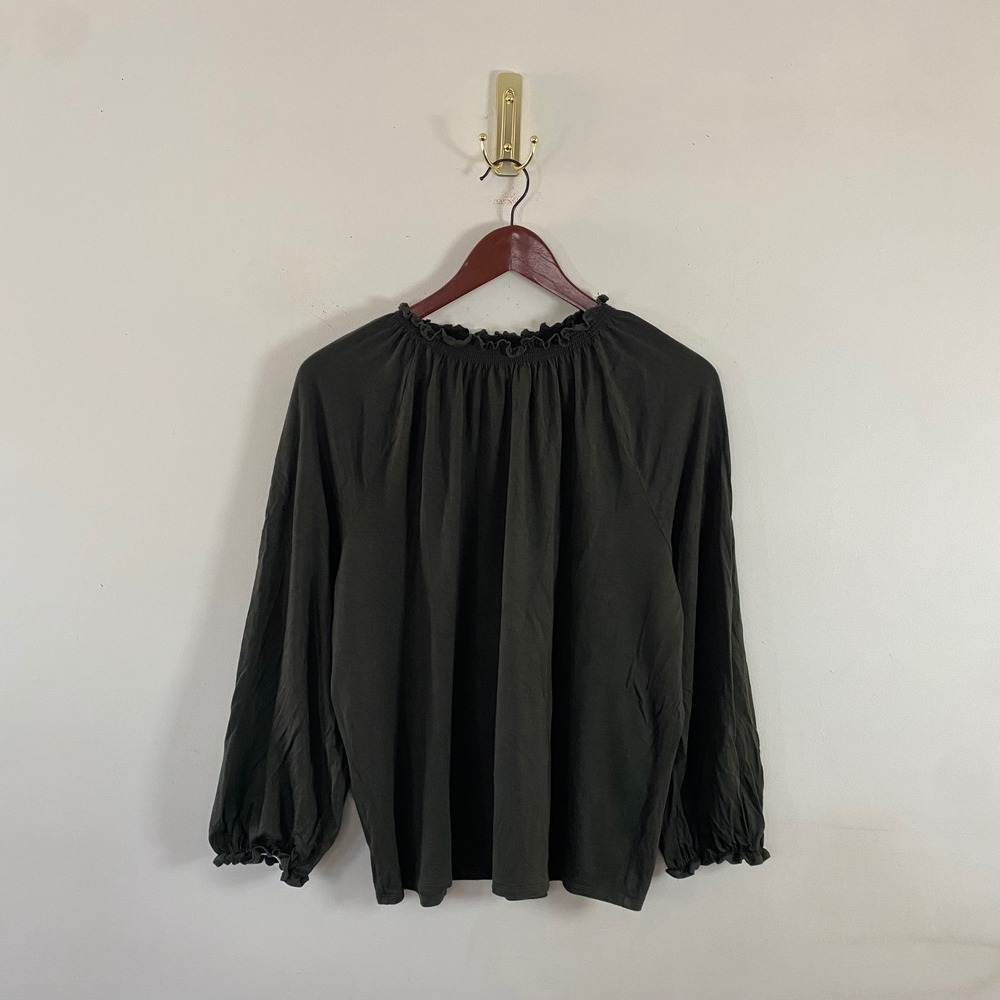 Loft Olive Green Smocked Mock Neck Long Sleeve Shirt Ruffled Cuffs Women's XL